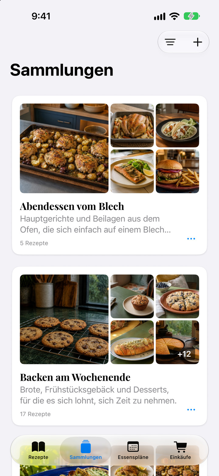 Ordne deine Favoriten in bebilderten Sammlungen, vom schnellen Abendessen bis zu Familienklassikern.