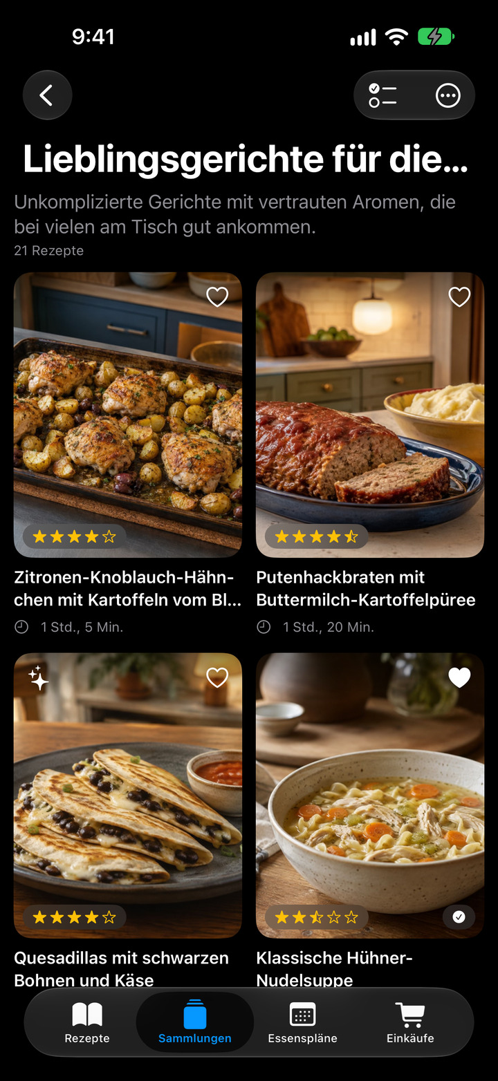 Ordne deine Favoriten in bebilderten Sammlungen, vom schnellen Abendessen bis zu Familienklassikern.