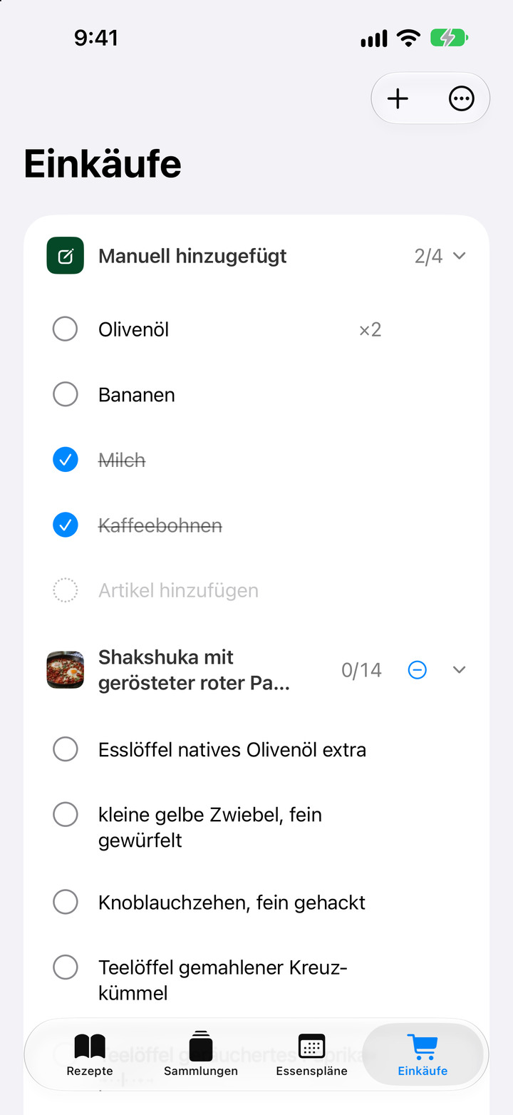 Erstelle aus deinen Rezepten eine Einkaufsliste, passe Mengen an und sende offene Einträge an Apple Erinnerungen.
