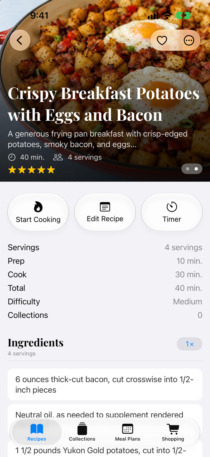 Swipe through photos and scale servings.