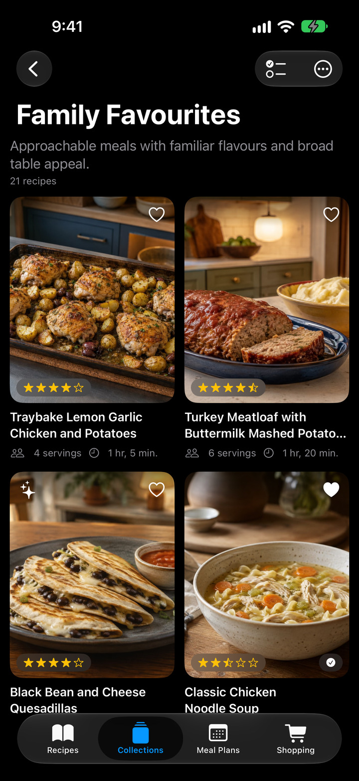 Group your favourites in photo-rich collections that make sense to you, from quick dinners to family classics.