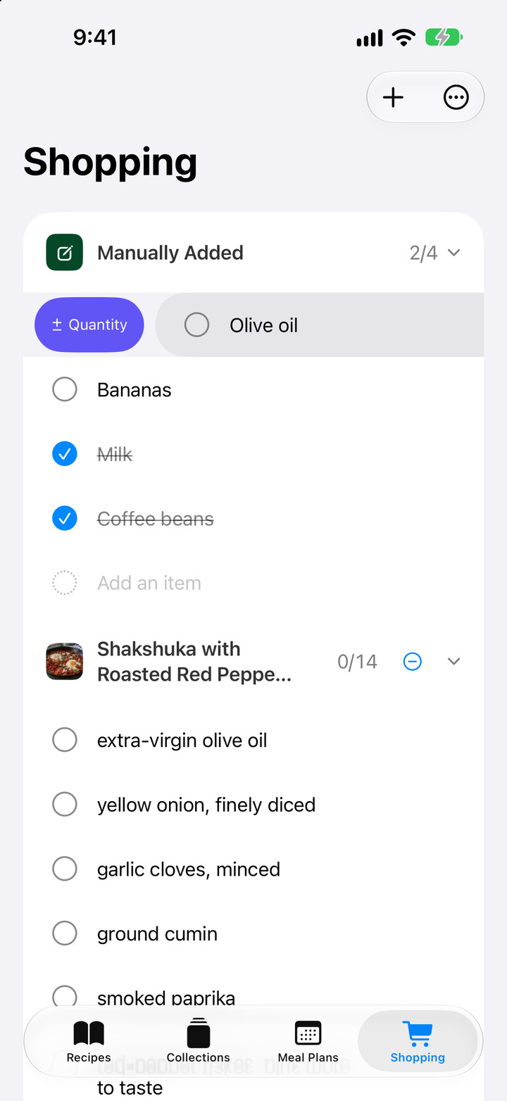 Build one shopping list from your recipes, adjust quantities and send unchecked items to Apple Reminders.