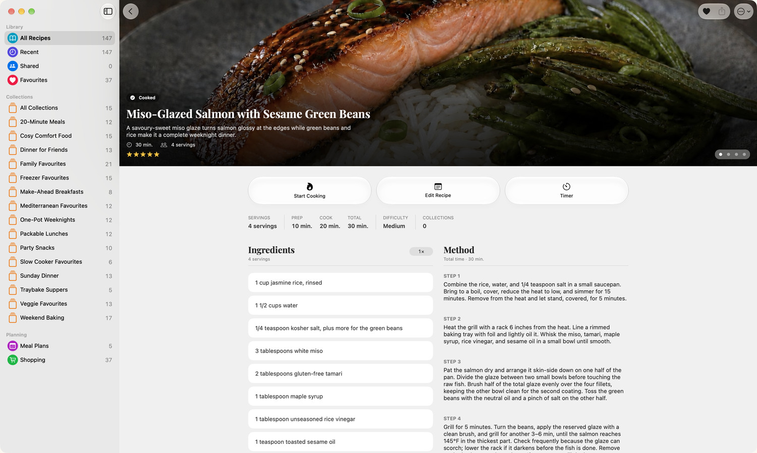 Swipe through photos and scale servings.
