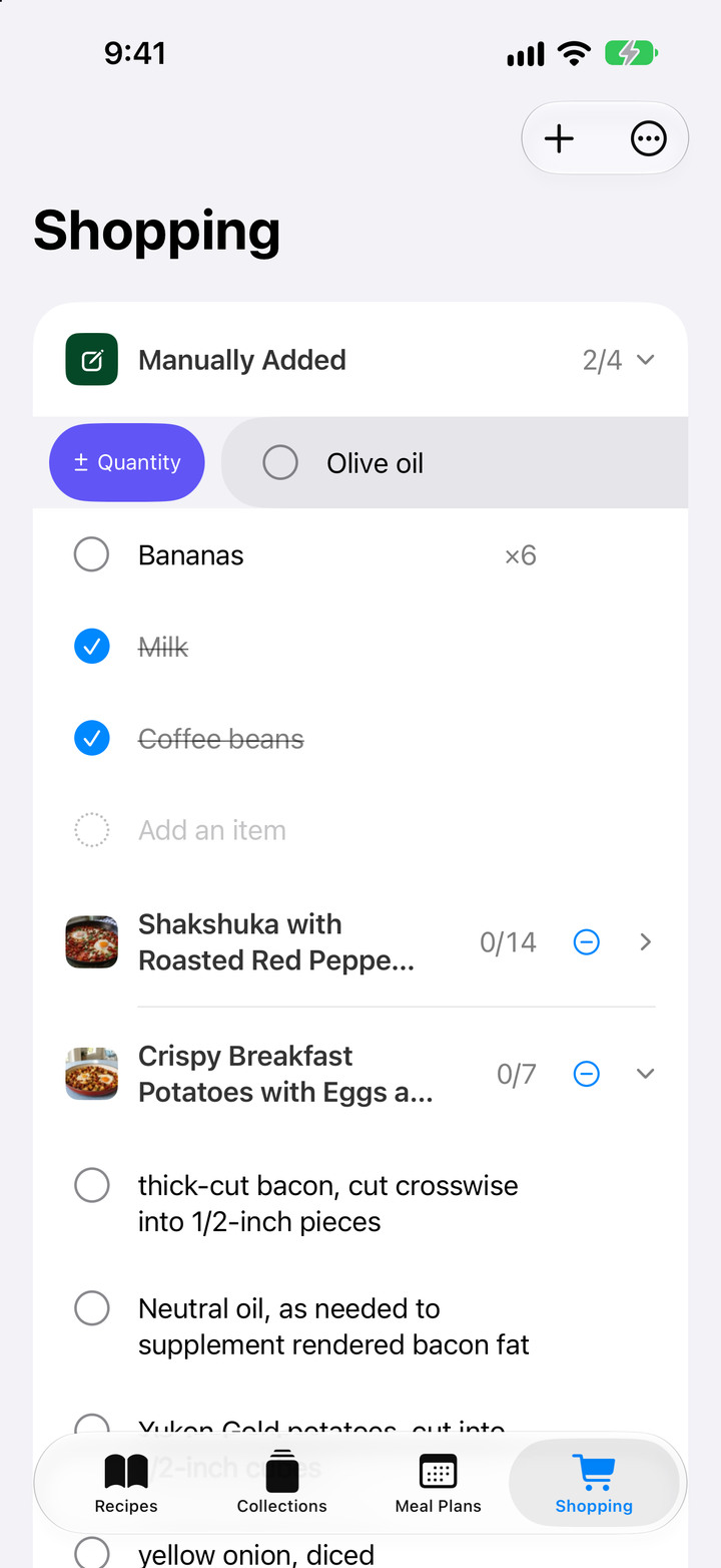 Build one shopping list from your recipes, adjust quantities and send unchecked items to Apple Reminders.