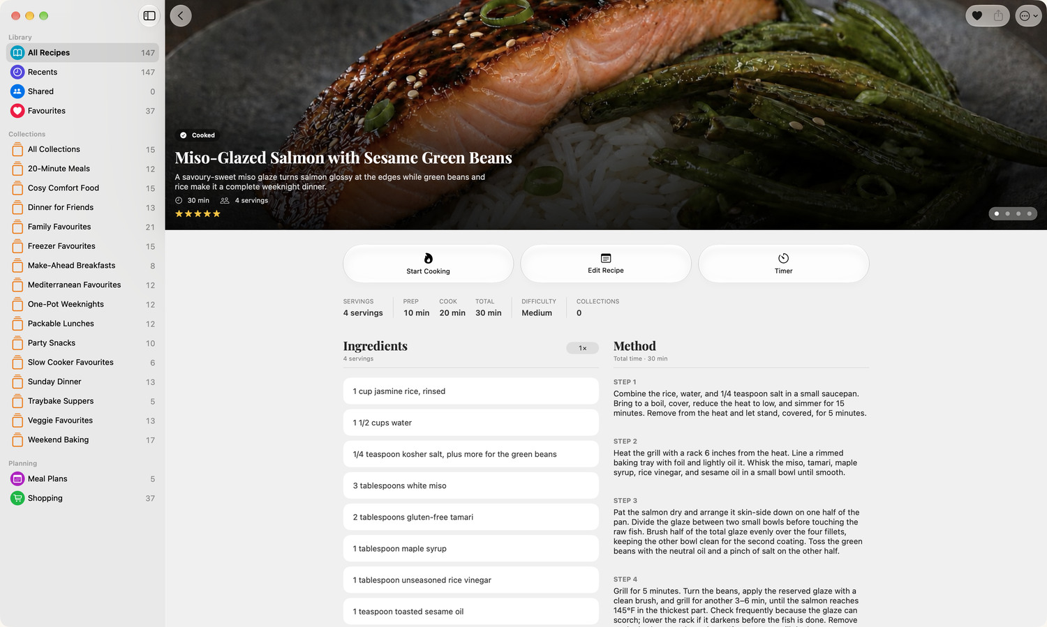 Swipe through photos and scale servings.
