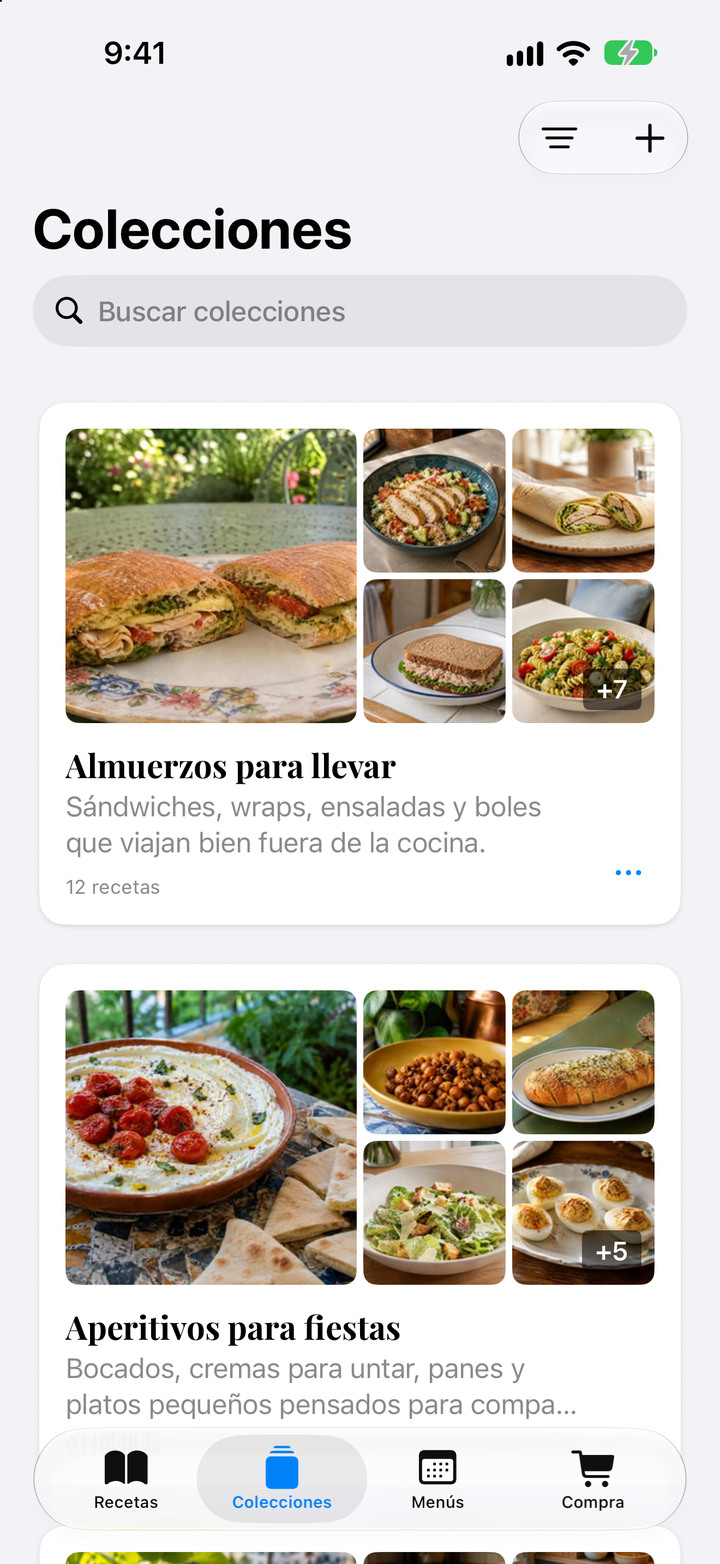 Agrupa tus favoritas en colecciones llenas de fotos, desde cenas rápidas hasta clásicos familiares.