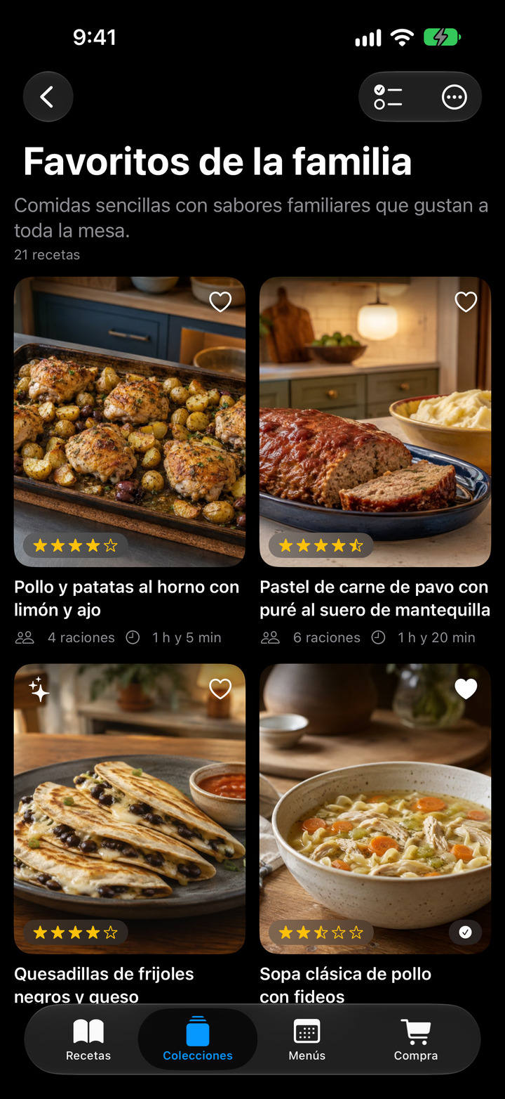 Agrupa tus favoritas en colecciones llenas de fotos, desde cenas rápidas hasta clásicos familiares.