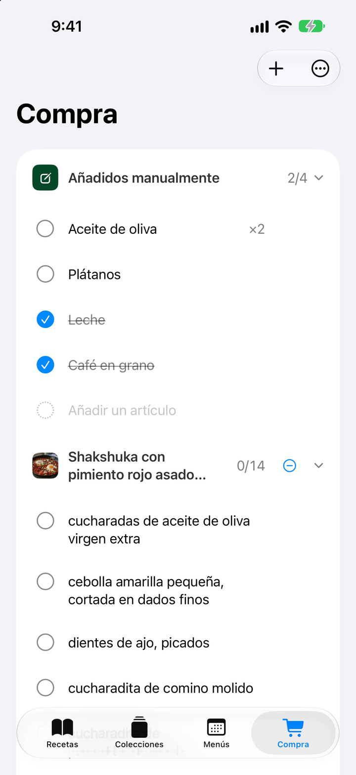 Prepara una sola lista de la compra desde tus recetas, ajusta cantidades y envía lo que falta a Recordatorios de Apple.