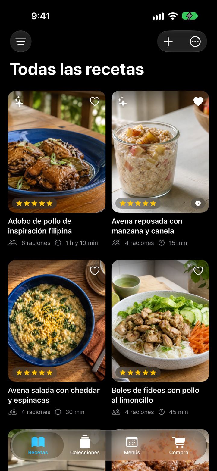 Tu biblioteca de recetas, presentada con cuidado.