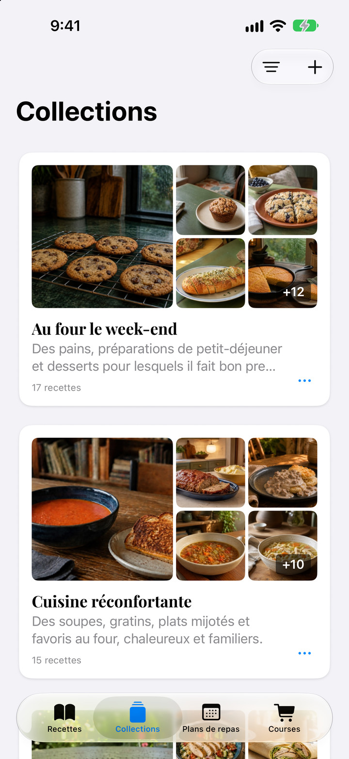 Regroupez vos recettes favorites dans des collections illustrées, des dîners rapides aux classiques de famille.