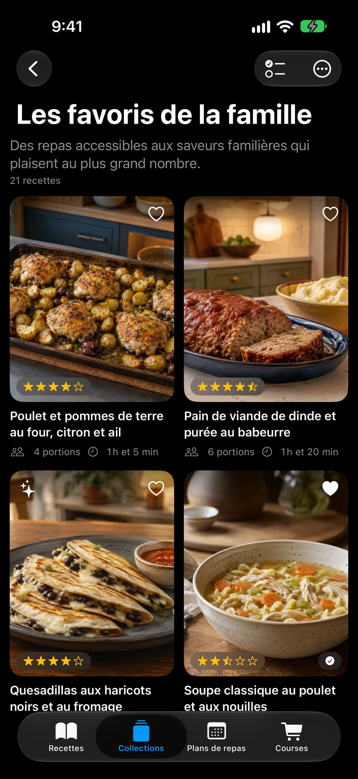 Regroupez vos recettes favorites dans des collections illustrées, des dîners rapides aux classiques de famille.
