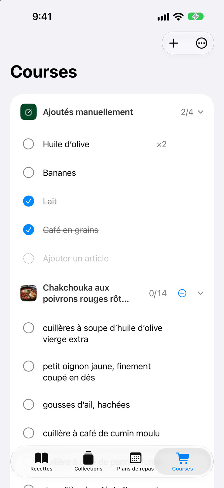 Créez une seule liste de courses à partir de vos recettes, ajustez les quantités et envoyez les articles restants dans Rappels d’Apple.