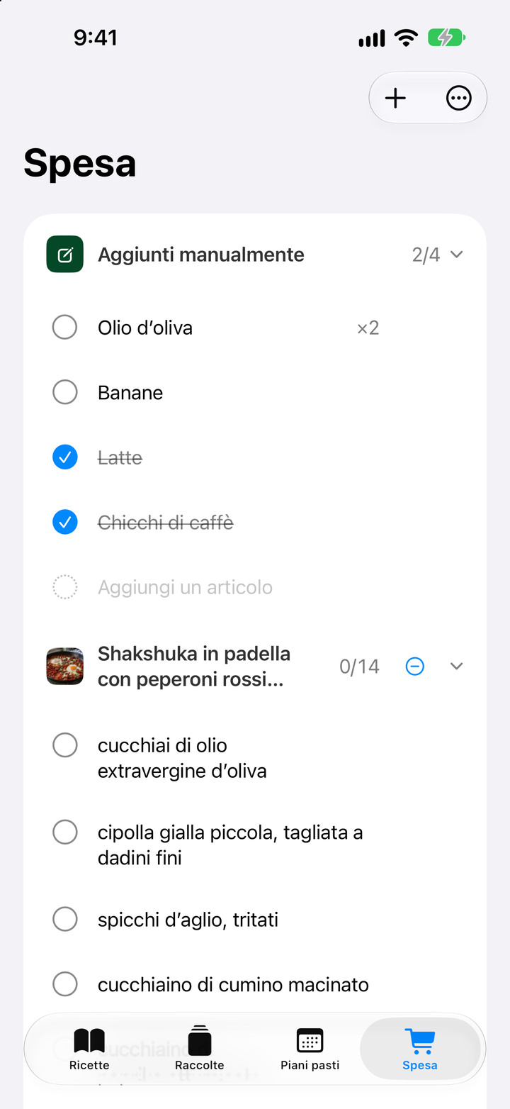 Crea una sola lista della spesa dalle tue ricette, modifica le quantità e invia gli articoli da acquistare a Promemoria di Apple.