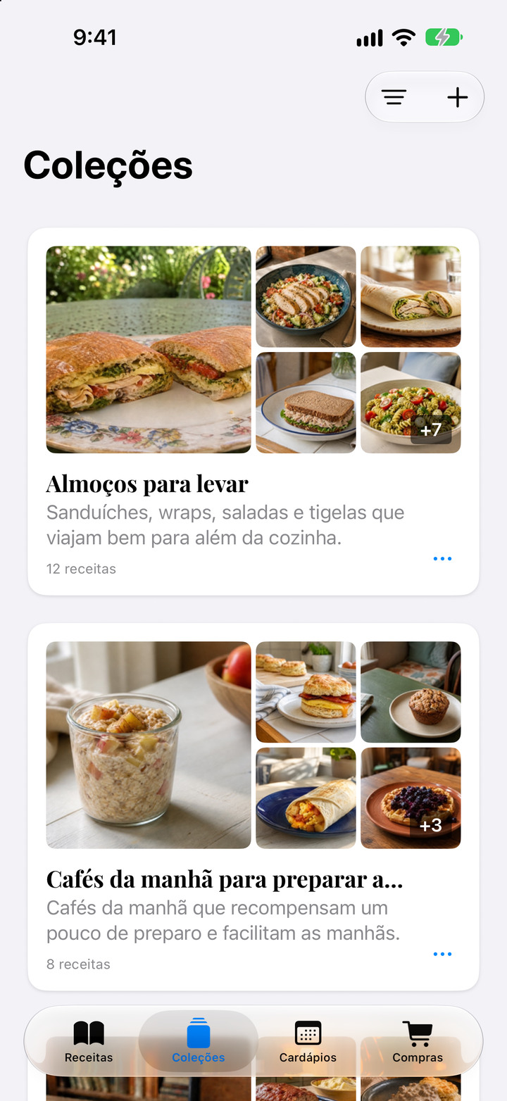 Organize suas favoritas em coleções com fotos, do jantar rápido aos pratos de família.