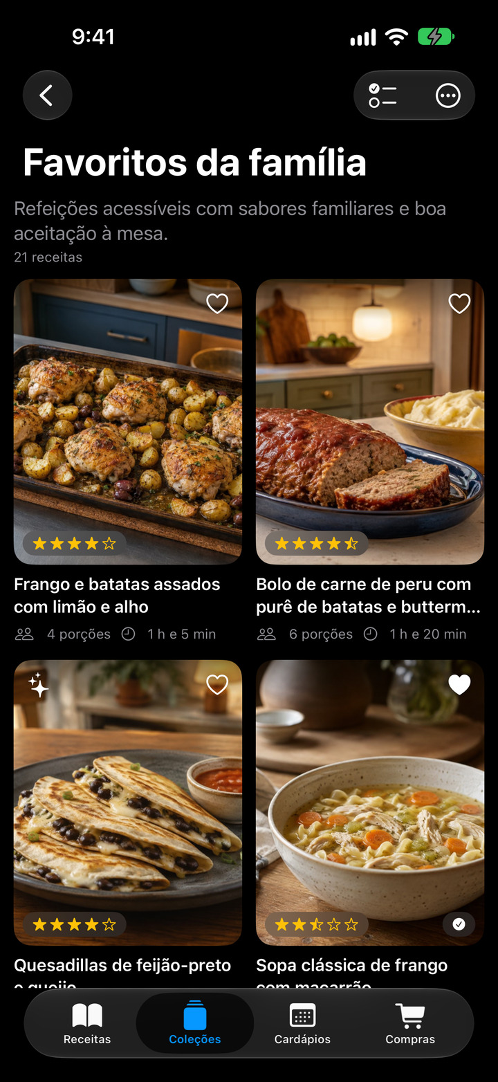 Organize suas favoritas em coleções com fotos, do jantar rápido aos pratos de família.