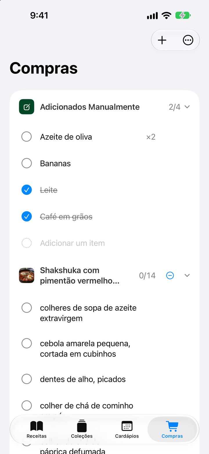 Reúna os ingredientes em uma lista de compras, ajuste quantidades e envie os itens pendentes para o Lembretes da Apple.