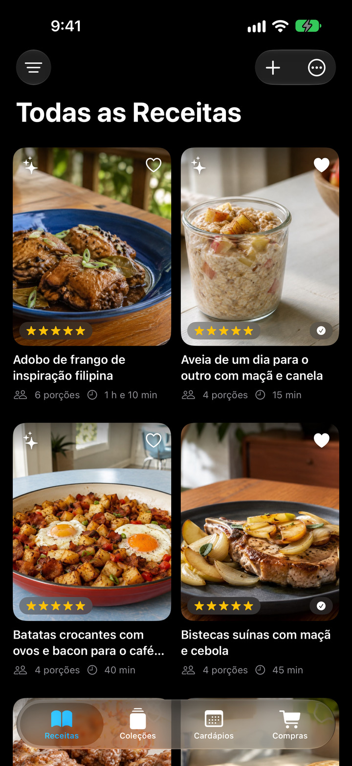 Sua biblioteca de receitas, apresentada com cuidado.